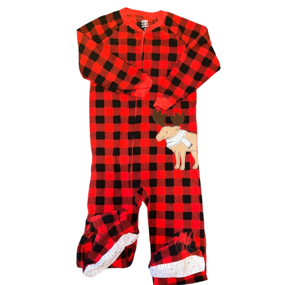 Kids Buffalo Plaid Fleece Footed Onsie Pyjama Jumpsuit